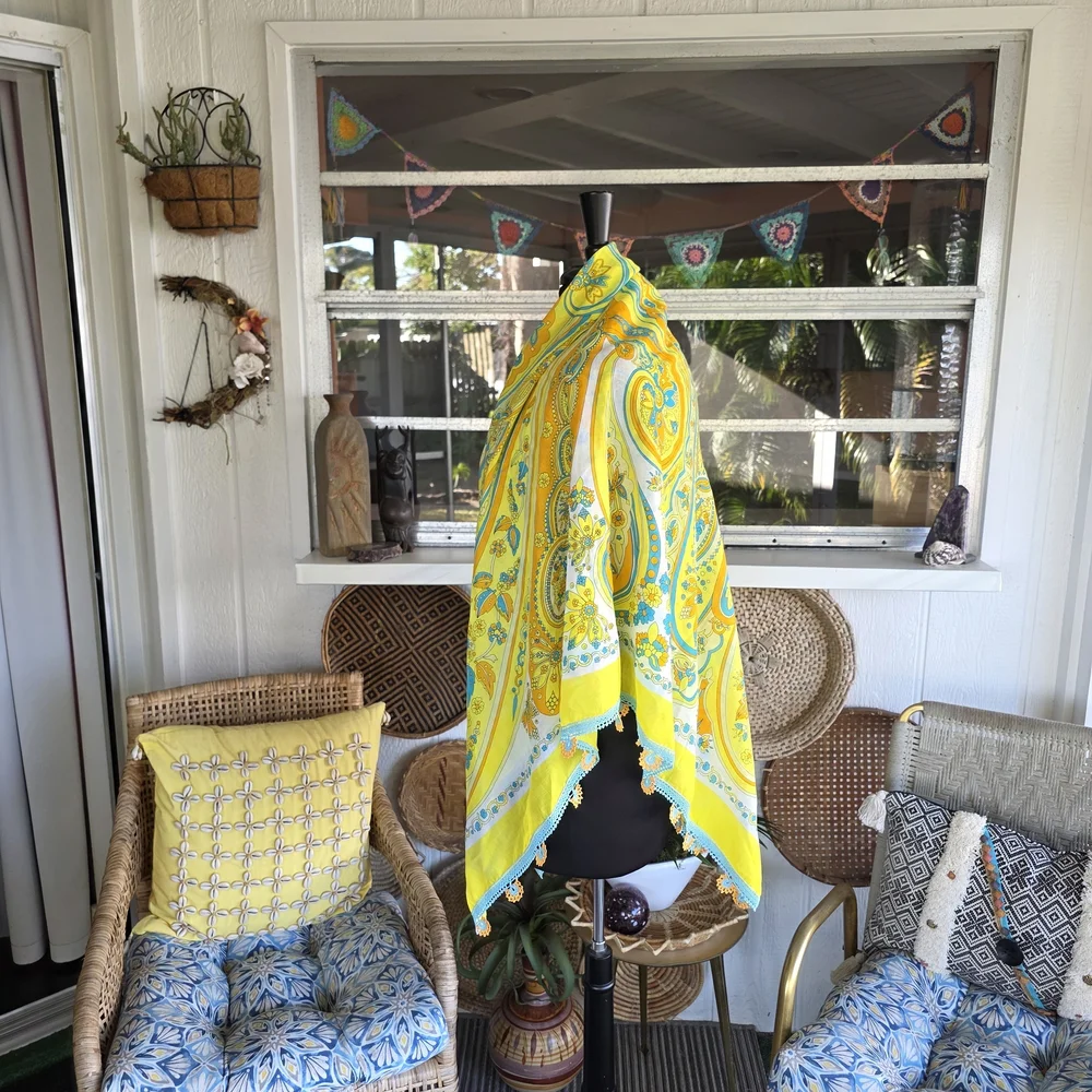 Vintage Huge Scarf Wrap Crochet Trim Resortwear Yellow Paisley Scarf
